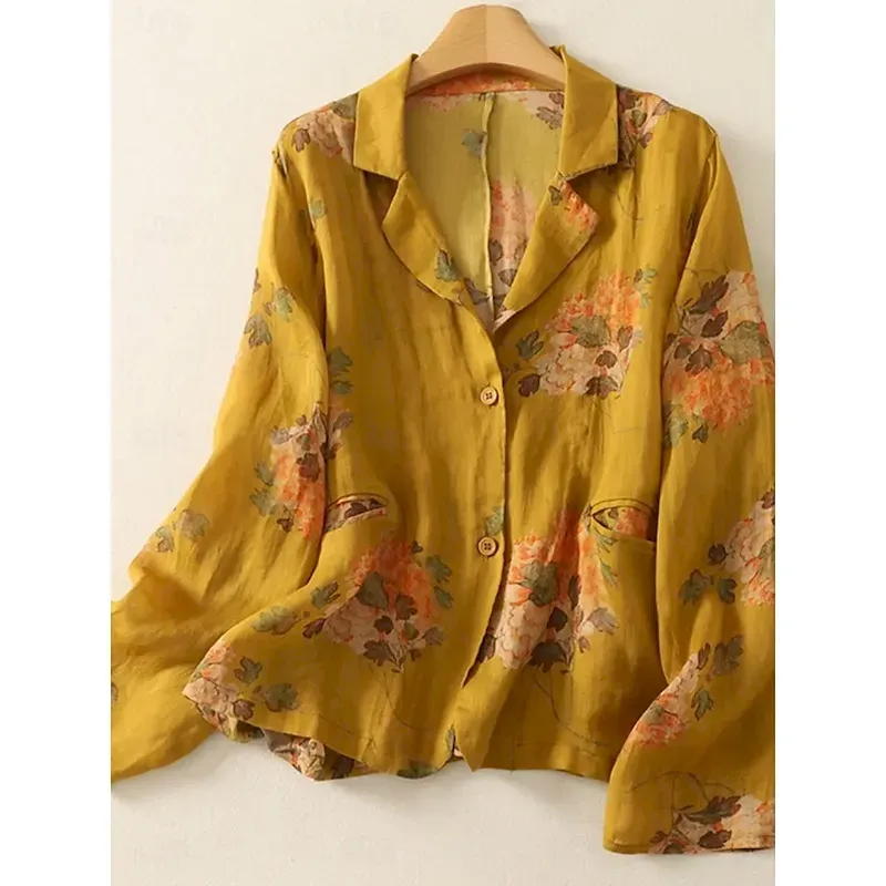 aztyix1753090956446.webp Women's Blazer Comfortable Breathable Pocket Print Vintage Casual Floral Office Street Casual Daily Wear Single Breasted Regular Turndown Regular Fit Long Sleeve Outerwear Yellow Summer Spring - Image 1