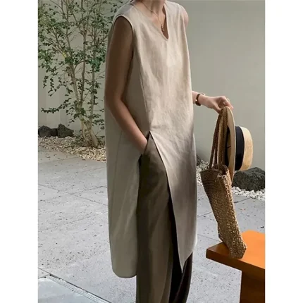 Women's Normal Midi Dress Linen Dress Stylish Casual Daily Beach Regular Fit Plain Sleeveless V Neck Black Apricot Summer