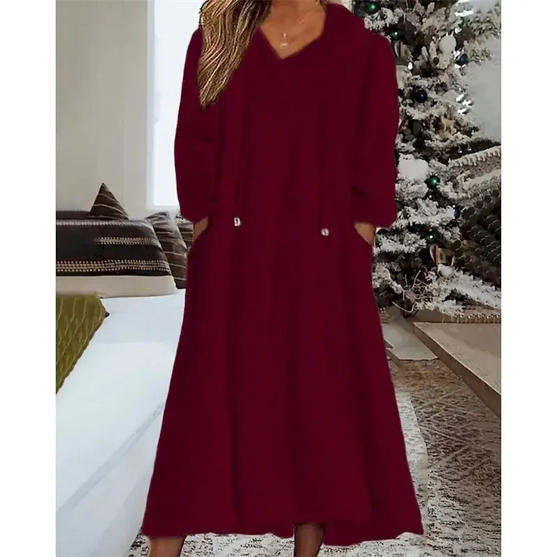 eoqyzw1756977746818.webp Women's Midi Dress Casual Dress Winter Dress Fashion Modern Daily Weekend Regular Fit Plain Long Sleeve Hooded Wine Winter Autumn - Image 1