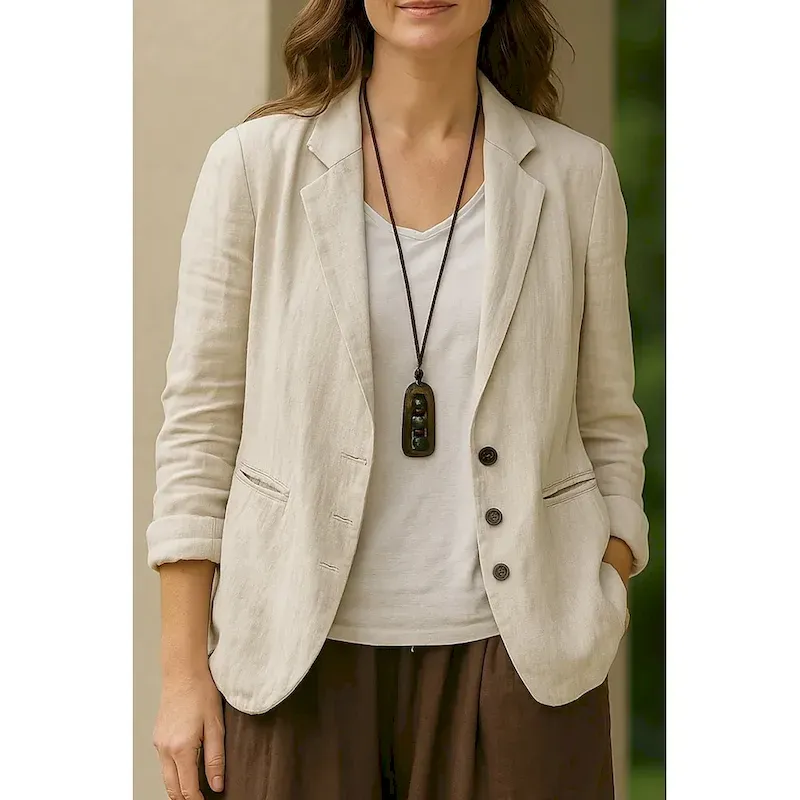 fesdzs1754302891075.webp Women's Blazer Comfortable Breathable Pocket Vintage Casual Plain Office Street Casual Daily Wear Single Breasted Regular Turndown Regular Fit 3/4 Length Sleeve Outerwear Black White Khaki Summer Fall - Image 1