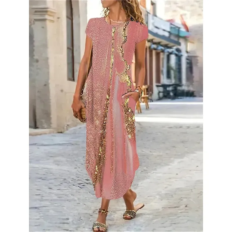 hmpwkz1686913338318.webp Women's Maxi Dress Shift Dress Ombre Marble Pocket Split Crew Neck Daily Date Short Sleeve Summer Spring - Image 1