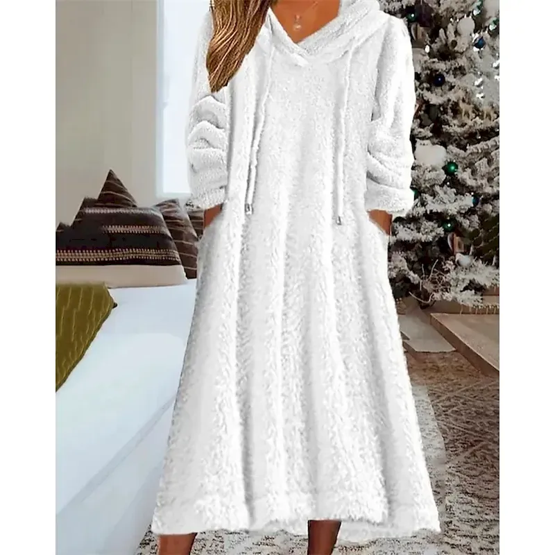 ifkcyr1756977743599.webp Women's Midi Dress Casual Dress Winter Dress Fashion Modern Daily Weekend Regular Fit Plain Long Sleeve Hooded White Winter Autumn - Image 1