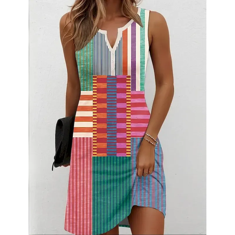 nidfez1751520360635.webp Women's Mini Dress Sundress Shift Dress Off The Shoulder Dress Vacation Casual Beach Party Daily Holiday Regular Fit Ombre Graphic Geometric Sleeveless V Neck Yellow Red Blue Orange Summer Spring - Image 1