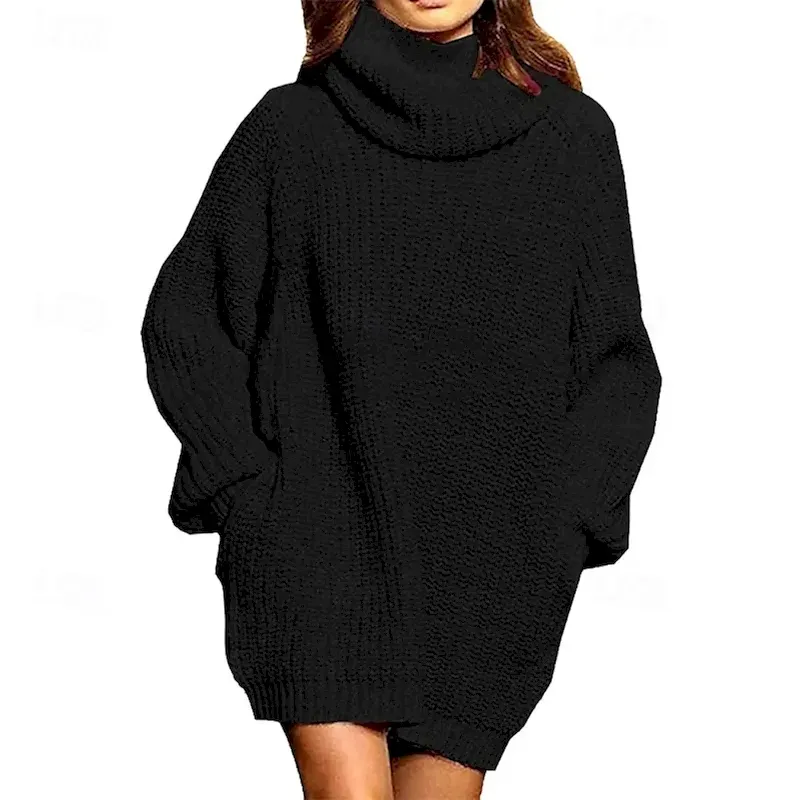 oplkqk1729045555695.webp Women's Sweater Dress Casual Solid Color Turtleneck Knitted Long Sleeve Regular Tops Knit Daily Weekend Black Red Fall Winter - Image 1