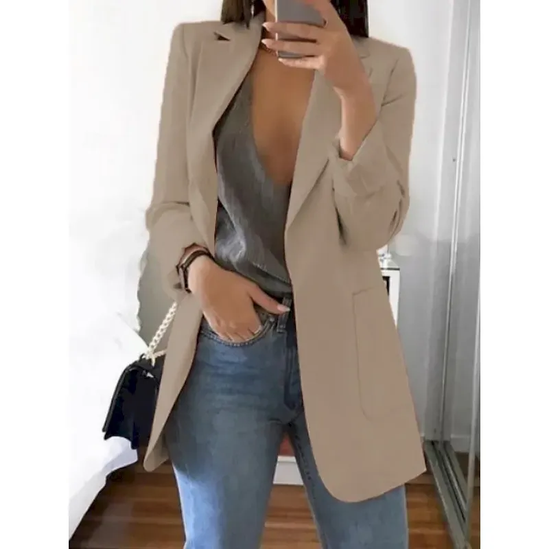 peiqrt1758537530071.webp Women's Blazer Comfortable Breathable Pocket Casual Plain Office Street Casual Daily Wear Open Front Long Turndown Regular Fit Long Sleeve Outerwear White Yellow Pink Spring Fall - Image 1