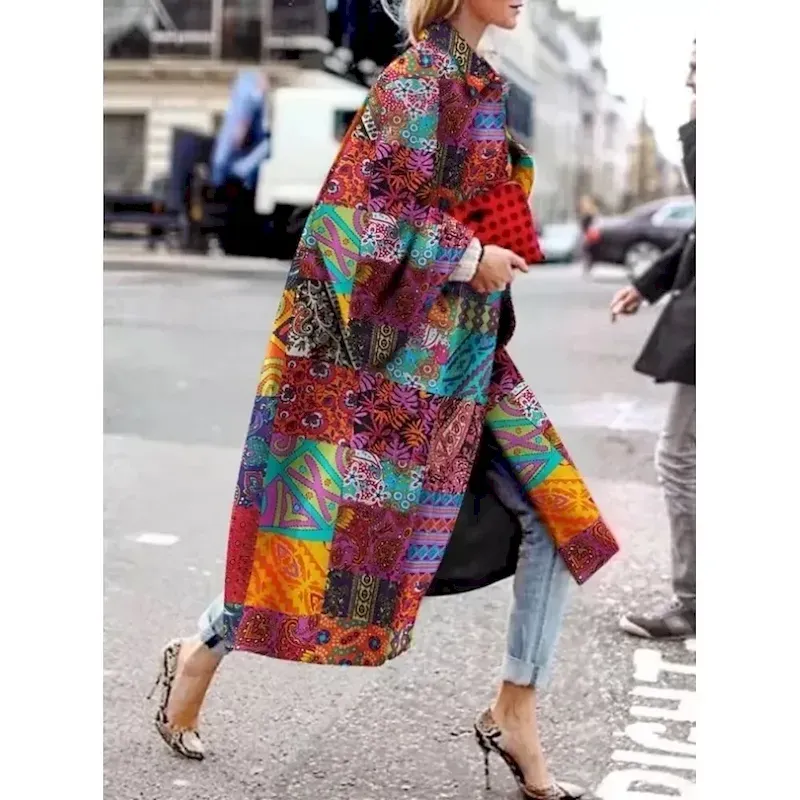 pllwmu1728725262799.webp Women's Blazer Office Work Street Fall Winter Long Coat Loose Fit Thermal Warm Comtemporary Stylish Casual Jacket Long Sleeve Print Floral Print Red Blue Green - Image 1