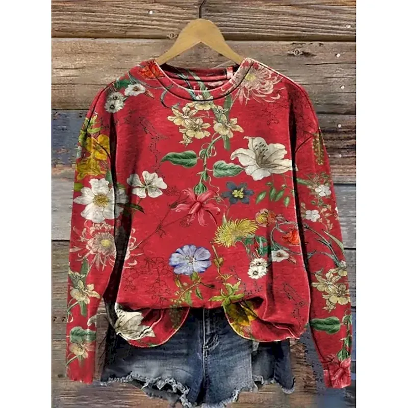 qbbqbc1752225922689.webp Women's Pullover Sweatshirt Floral Graphic Warm Active Vintage Long Sleeve Crew Neck Regular Tops Street Dailywear Casual Print Black Red Blue Purple Orange Spring Fall Winter - Image 1
