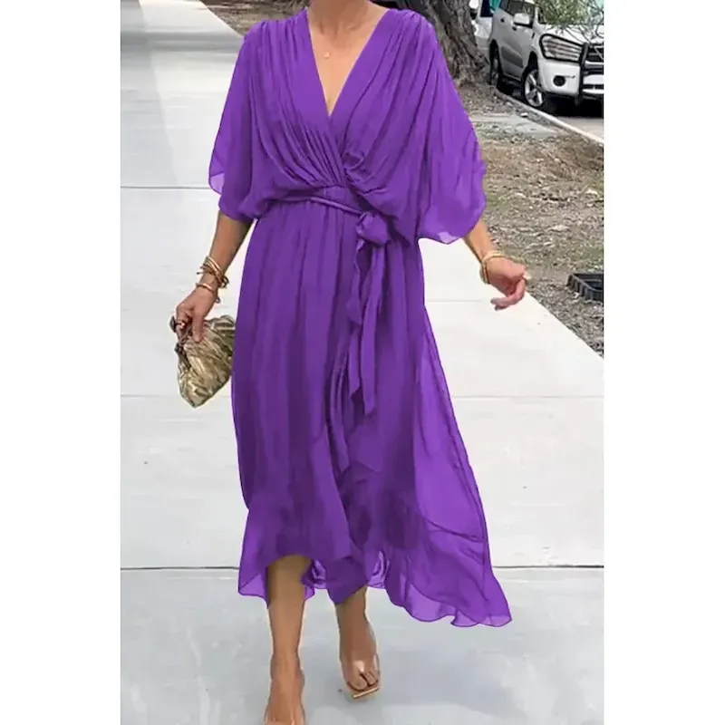 qdrdqs1740996877991.webp Women's Midi Dress Cocktail Dress Wedding Guest Dress Chiffon Dress Summer Dress Fashion Batwing Sleeve Holiday Date Going out Regular Fit Plain Half Sleeve V Neck Blue Purple Green Spring - Image 1