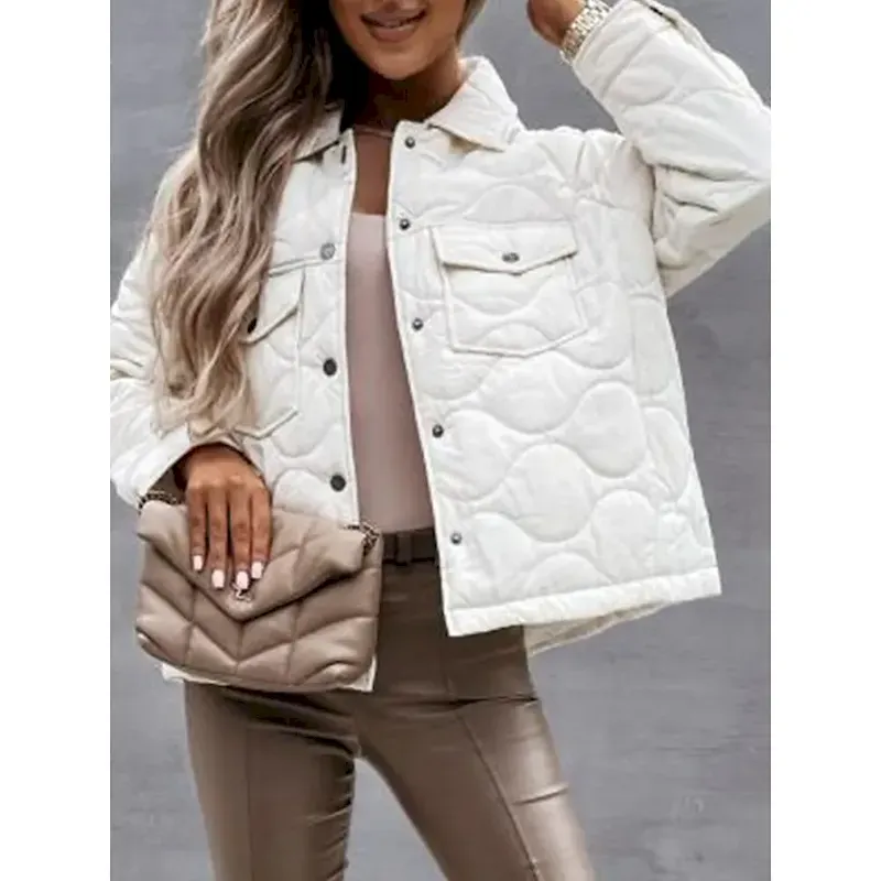 qirvvb1726223443901.webp Women's Winter Coat Winter Jacket Warm Breathable Buttons Pocket Casual Plain Street Daily Wear Single Breasted Short Turndown Regular Fit Long Sleeve Outerwear Black White Navy Blue Fall Winter - Image 1