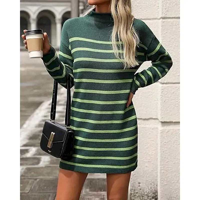 rdwsly1725008954801.webp Women's Sweater Dress Casual Striped Mock Neck Print Long Sleeve Regular Tops Knit Work Daily White / Black Green Fall Winter - Image 1