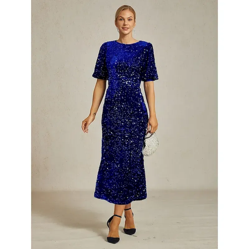 rghdfq1758778120412.webp Women's Maxi Dress Sheath Dress A Line Dress Puff Sleeve Dress Party Birthday Party Regular Fit Solid Color Short Sleeve Crew Neck Royal Blue Spring Fall Winter - Image 1