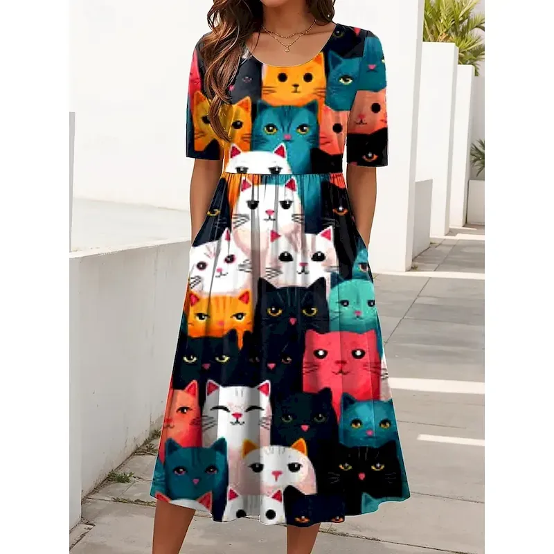 tdxpad1751937665309.webp Women's Midi Dress Summer Dress Pleated Dress Vacation Casual Holiday Regular Fit Graphic Animal Cat Half Sleeve Crew Neck Black White Brown Summer Spring - Image 1
