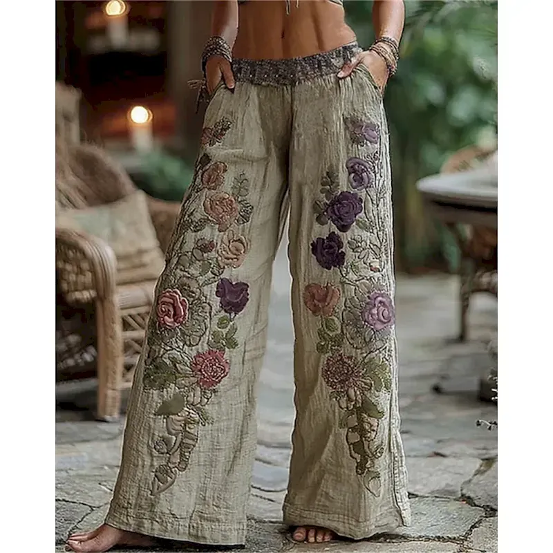 tgmbbh1754906277263.webp Women's Wide Leg Pants Trousers Palazzo Pants Vintage Boho Full Length High Waist Flower Elastic Waist Printing Breathability Comfortable Street Daily Wear Going out White Spring Fall Regular Fit - Image 1