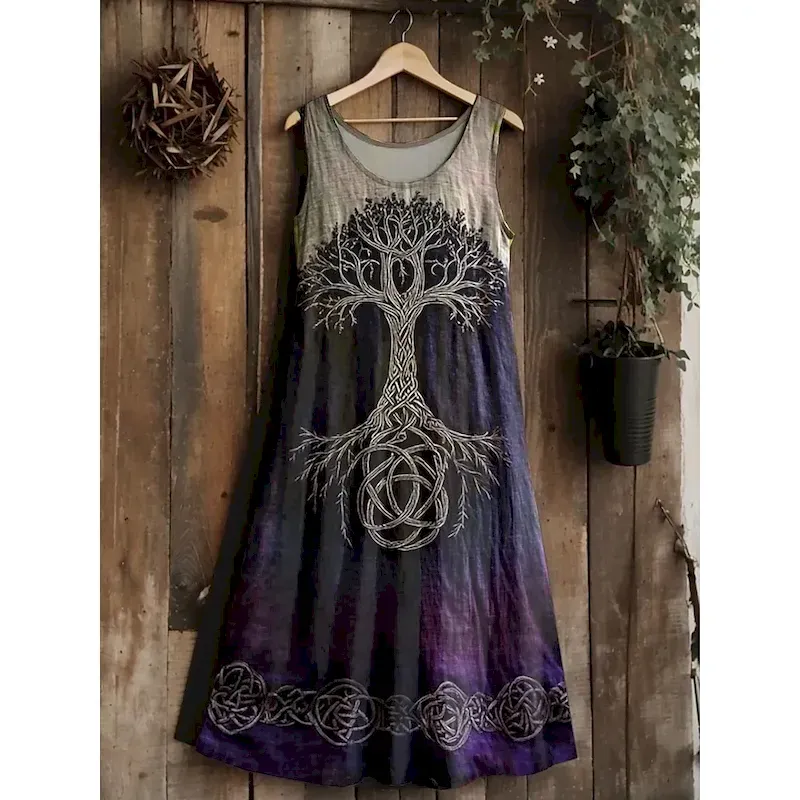 twtavi1752831583832.webp Women's Vintage Viking Celtic Knot Gradient Art Midi Dress Sundress A Line Dress Vacation Casual Boho Wedding Party Going out Regular Fit Floral Graphic Leaf Sleeveless U Neck - Image 1