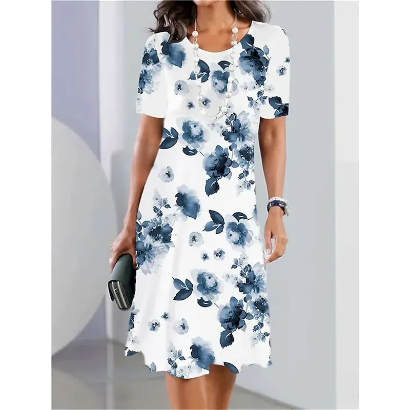 ubygvd1720165989250.webp Women's Elegant Party Evening Midi Dress Crew Neck Short Sleeve Casual Dress Shift Dress Summer Dress Stylish Formal Work Casual Regular Fit Floral Black And White Red Blue Purple - Image 1