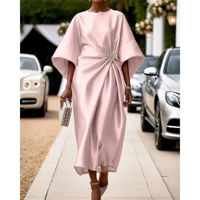 ufjrrm1756956652392.webp Women's Midi Dress Satin Dress Semi Formal Dress Elegant Fashion Modern Daily Date Weekend Regular Fit Plain Half Sleeve Crew Neck Pink Wine Navy Blue Green Spring Fall - Image 1
