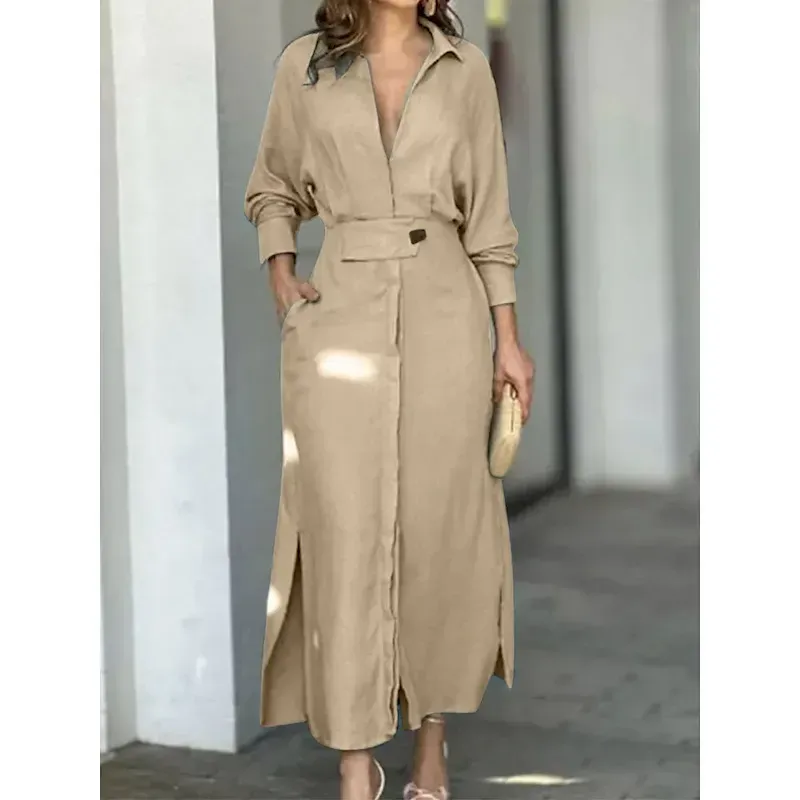 wcykpc1692707021831.webp Women's Shirt Dress Long Dress Maxi Dress Pocket Split Daily Date Vacation Active Fashion Shirt Collar Long Sleeve Black White Pink Color - Image 1