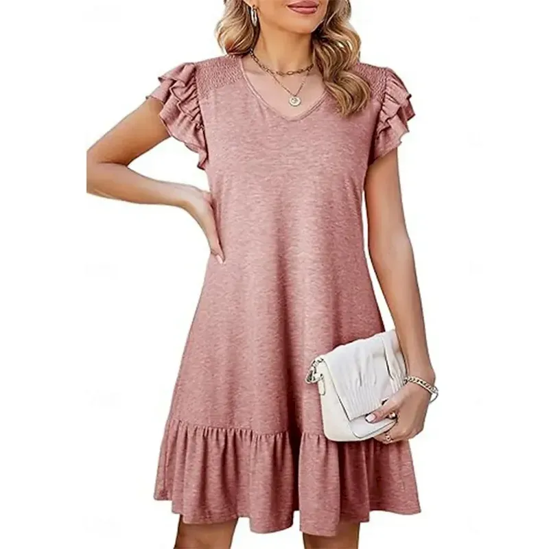 ycdjbu1734424159382.webp Women's Mini Dress Casual Dress A Line Dress Stylish Basic Casual Vacation Daily Regular Fit Plain Short Sleeve V Neck Black Pink Green Summer Spring - Image 1