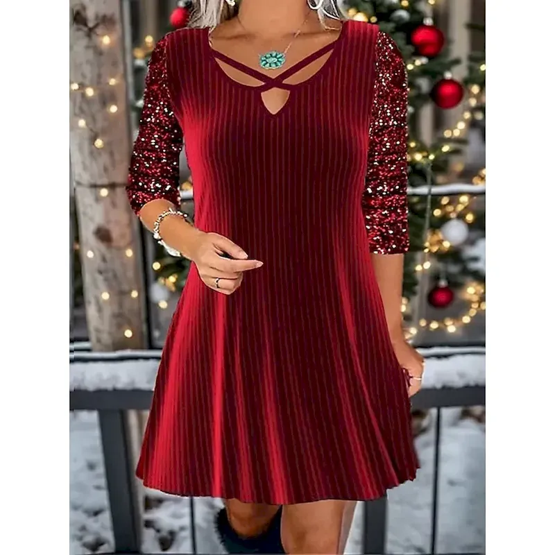 zntssx1726805966005.webp Women's A-Line Dress Pleated Sequin Detailing 3/4 Sleeve Keyhole Neckline Crisscross Accent Party Wear Comfort Fit Holiday Fashion Red - Image 1